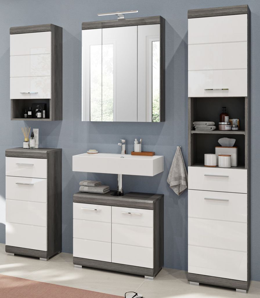 Badmöbel Set 5-teilig "Shawn" weiß Hochglanz und grau, mit Spiegelschrank