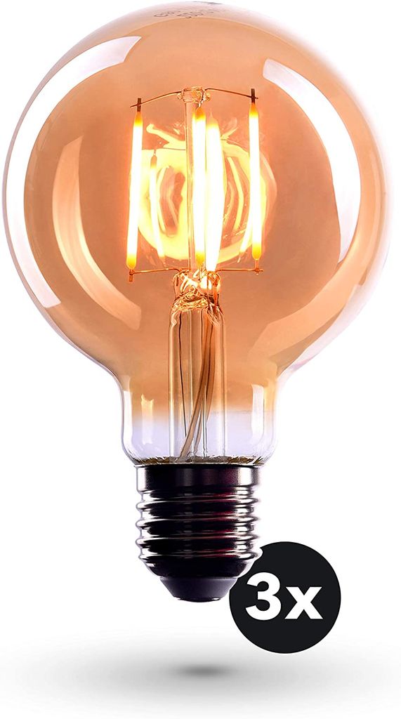 CROWN LED 3 x Edison Glühbirne E27 Fassung, Dimmbar, 4W, Warmweiß, 230V, EL04, Antike Filament Beleuchtung im Retro Vintage Look