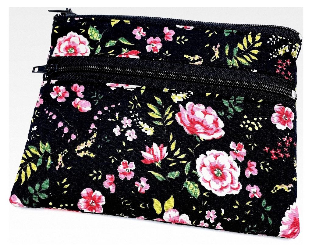 Mini Portemonnaie mit Blumenmuster und 2 Reißverschlussfächern in Schwarz