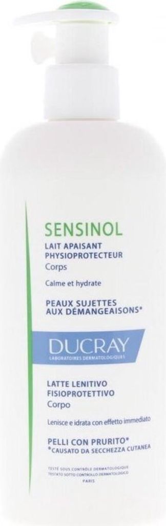 A white bottle of Ducray Sensinol body lotion with a pump dispenser.