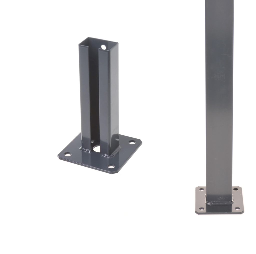 Two metal fence post bases are shown against a white background.