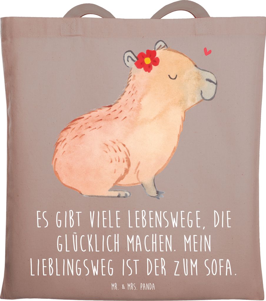 Mr. & Mrs. Panda Schultasche Capybara Blume - Braun Pastell - Geschenk, Jutebeutel, Tragetasche, Tasche, Tote Bag, Lustige Sprüche, Shopping, Beutel