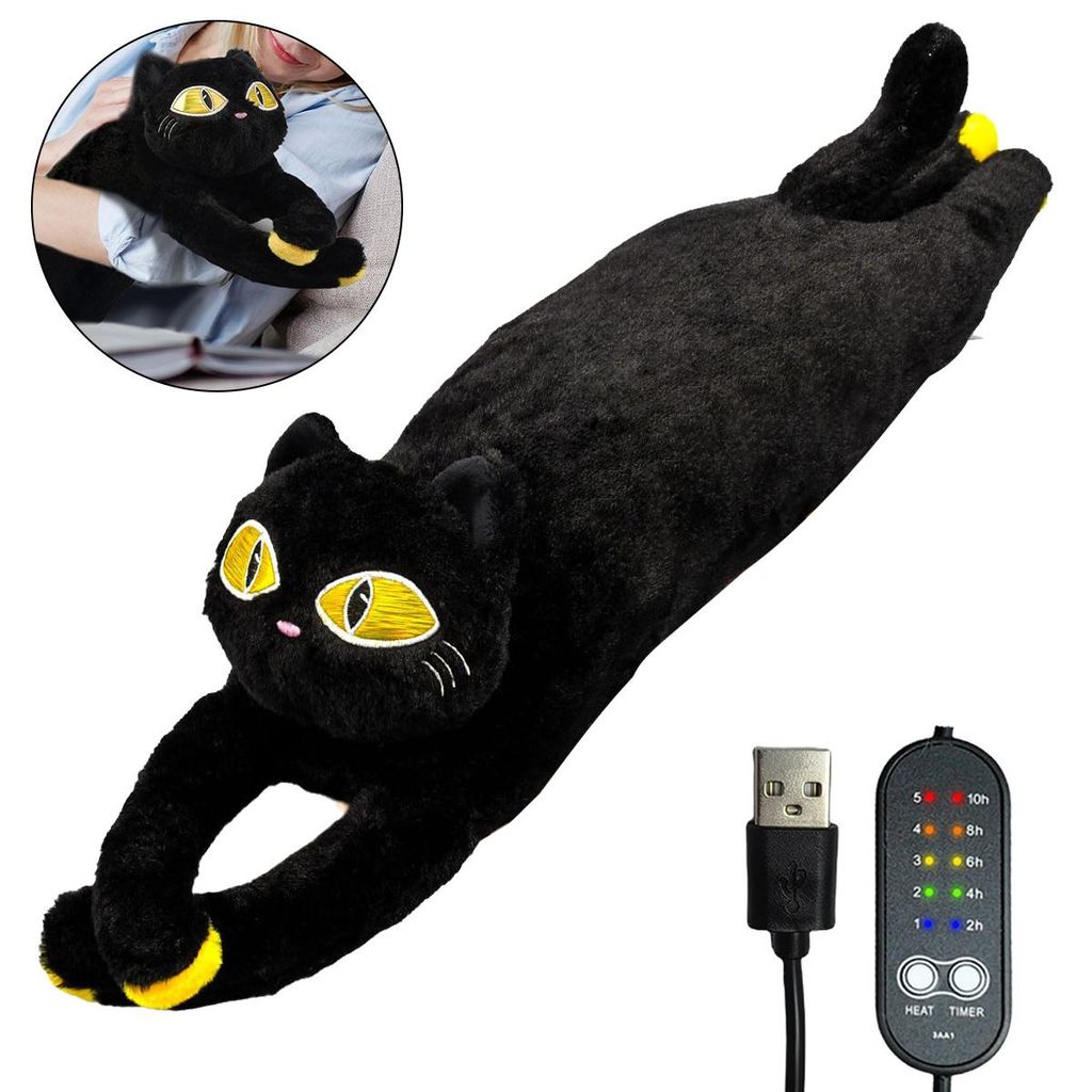 USB Heizkissen Kuschelkissen Wärmekissen Plüschpuppe 50cm Schwarz Gelb Augen
