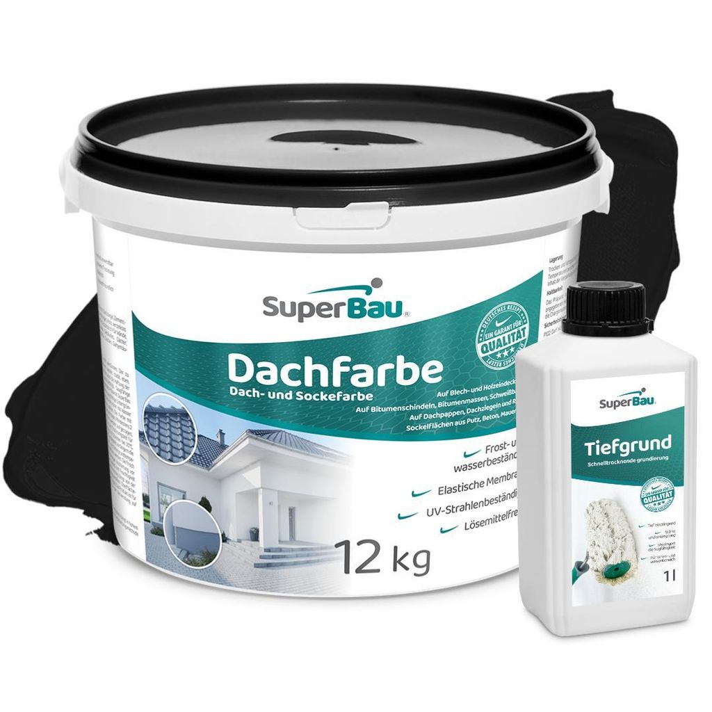 Superbau Dachfarbe Schwarz 12kg, SET MIT TIEFGRUND 1L Sockelfarbe WASSERDICHT, Dachbeschichtung für Blechdach, Bitumen, Dachpappe, Schindeln, Putz