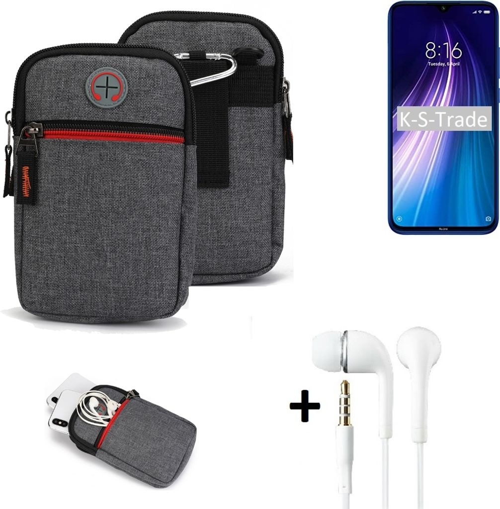 K-S-Trade Gürteltaasche + Kopfhörer kompatibel mit Xiaomi Redmi Note 8 Handy Tasche Holster Schutz Hülle Handy Hülle grau Zusatzfächer 1x