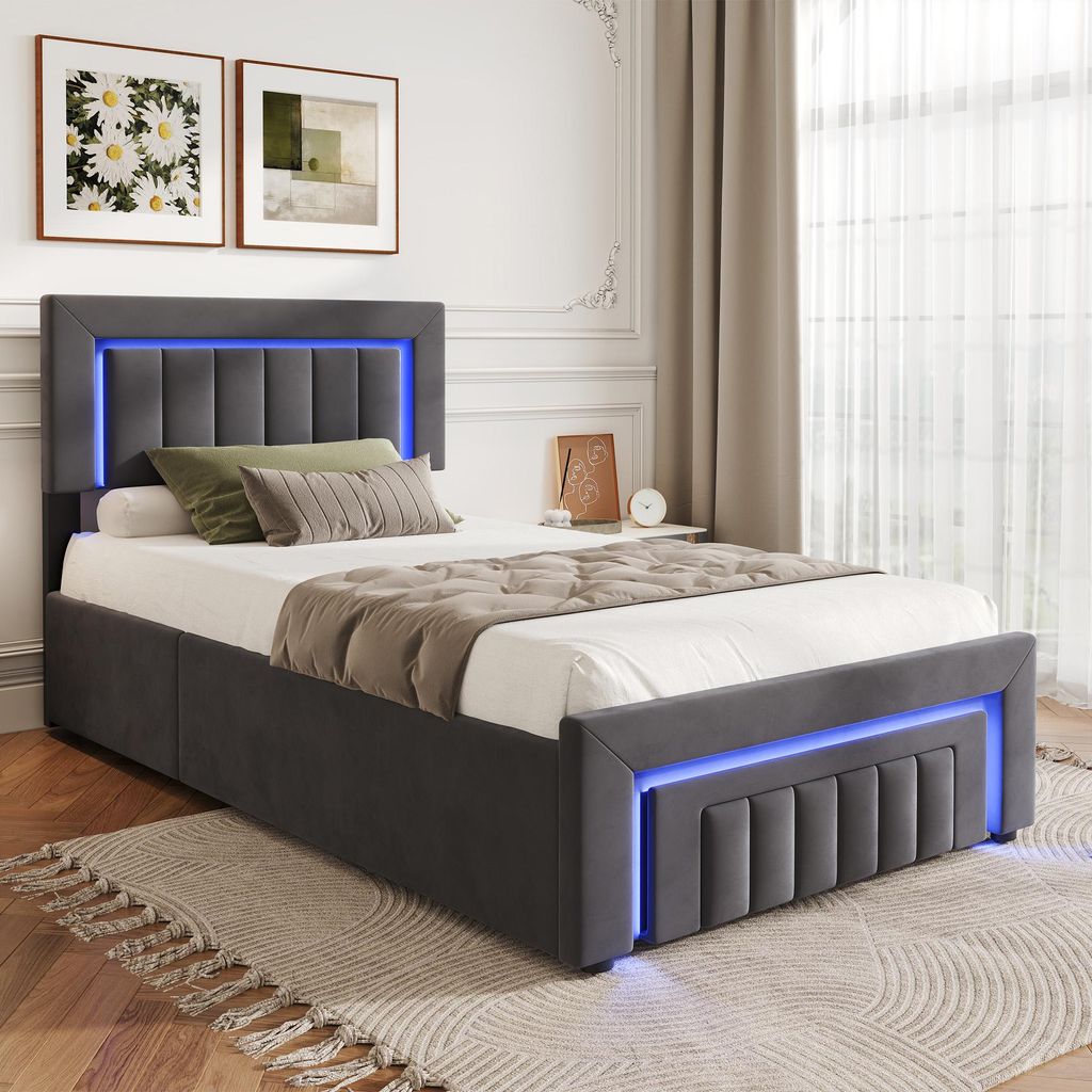 okwish Polsterbett 90x190 Jugendbett mit LED Beleuchtung,Einzelbett mit Schubladen und Rollen,Bettgestell Ausreichend Stauraum,Grau(ohne Matratze)