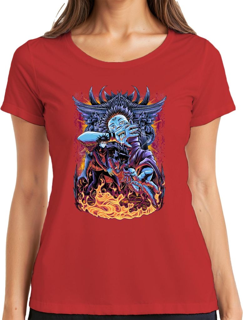 Oni Dämon blaues Gesicht Wolf Flammen japanisch Anime düster Damen T-Shirt, Rot, M