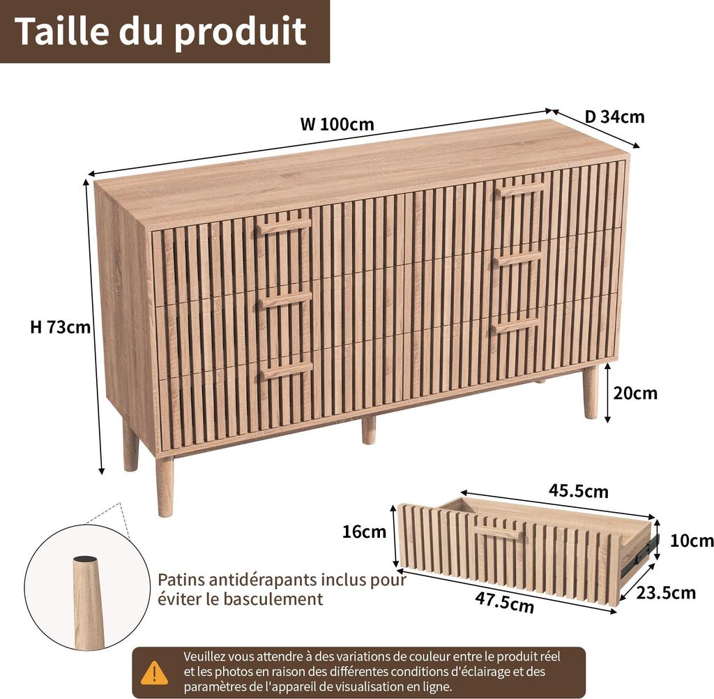 Kommode / Sideboard - 6 Schubladen - Holz - Moderner Landhausstil - Selbstmontage - Natur