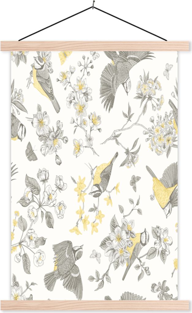 MuchoWow Textilposter Blumen - Vogel - Grau 40x60 cm mit holzfarbenen Rahmen - Poster