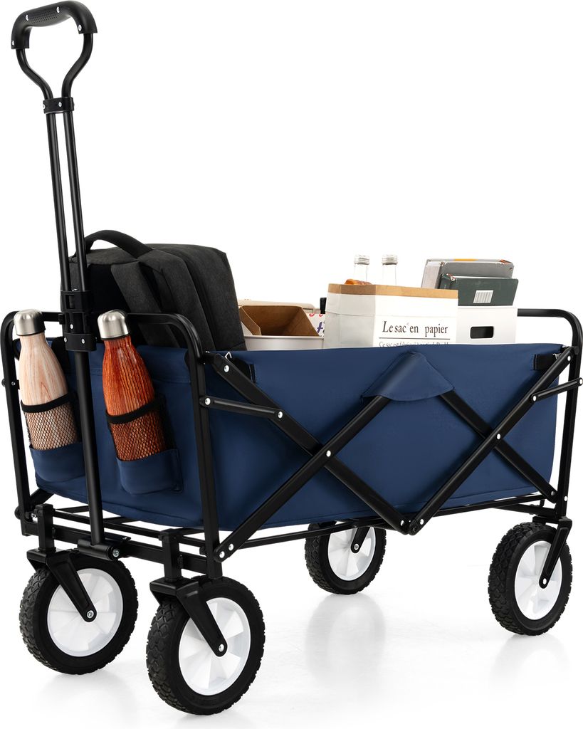 GOPLUS Bollerwagen faltbar, Handwagen mit verstellbarem Griff & Getränkehaltern, 82L Strandwagen klappbar Faltwagen Leiterwagen für Camping Einka...