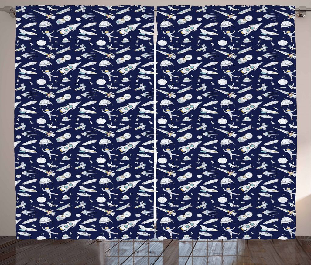 ABAKUHAUS Platz Rustikaler Gardine, Kinder Cosmic Adventure, Schlafzimmer Kräuselband Vorhang mit Schlaufen und Haken, 280 x 245 cm, Indigo Weiß