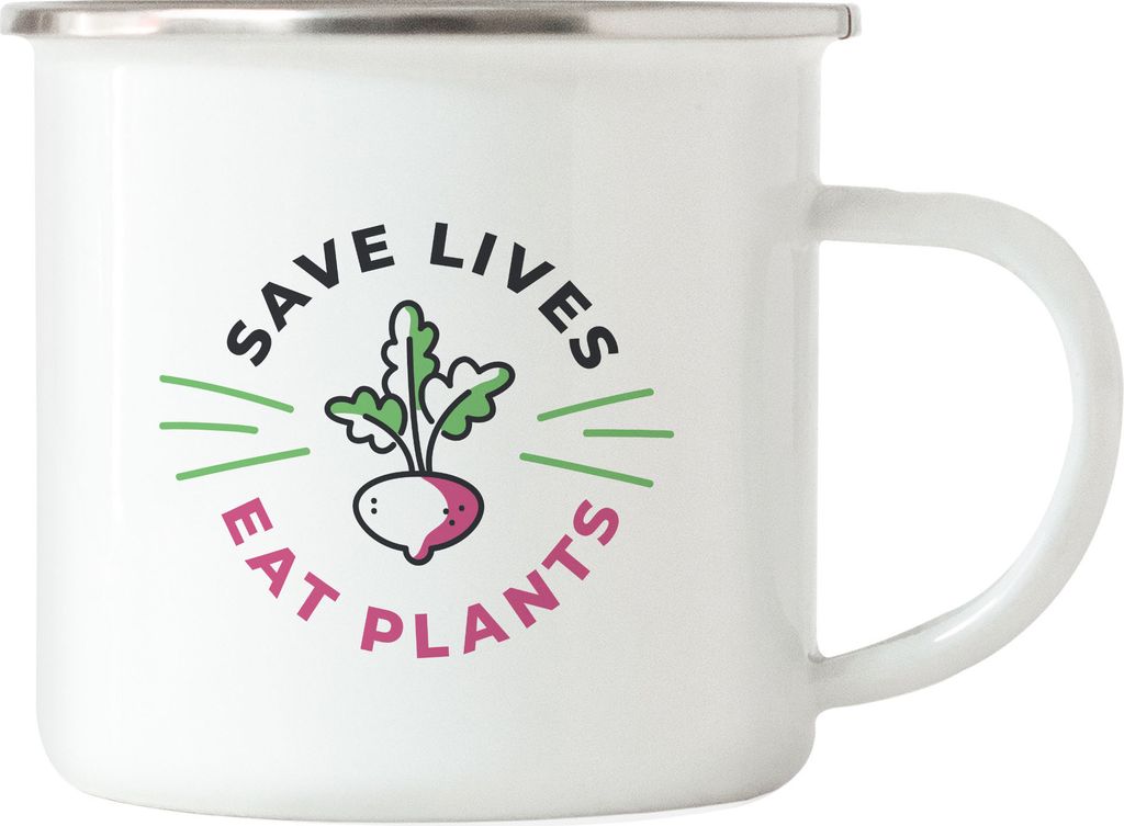 Save Lives Eat Plants Emaille Tasse Geschenkidee Plant-Based Tierwohl Protest Tier Demo