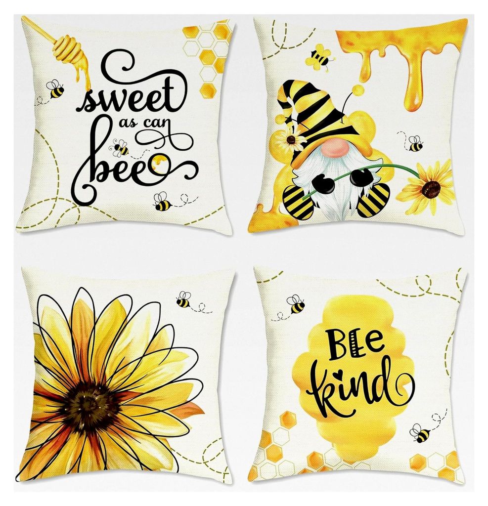 4er Set Kissenbezüge Biene 45 x 45 cm Honig Sonnenblume Polyester Leinen Dekorative Kissenhülle Gelb Zierkissenbezüge für Sofa Garten Terrasse ...