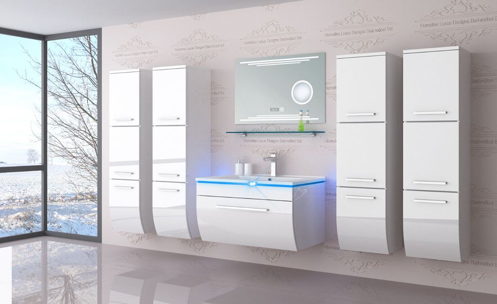 Badmöbel Set Badezimmerset Badmöbel weiß schwarz Hochglanz Lackiert Fertig montiert 70 mit Kosmetik Spiegel 4x Hängeschränke