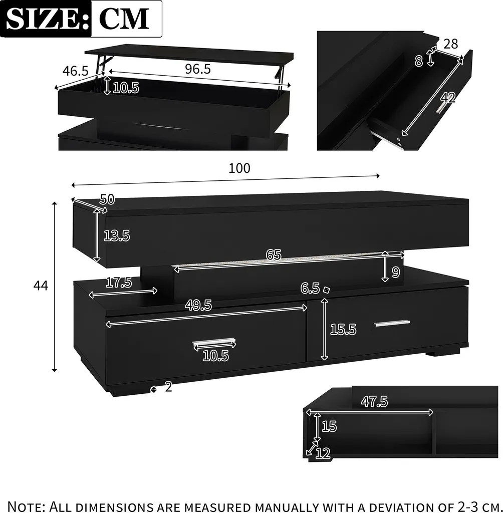 Table Basse Noire pour Gagner de l'Espace avec LED Pilotable par Appli