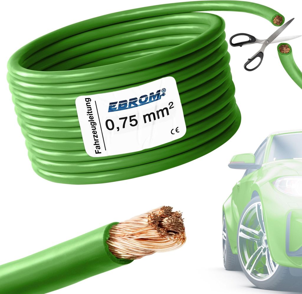 25 Meter EBROM FLRY 0,75mm2 Fahrzeugleitung - KFZ Leitung - Farbe: grün - Querschnitt 0,75 mm² (mm2) flexibel 90 ± 5 Shore 99,99% Kupfer Mantel ...