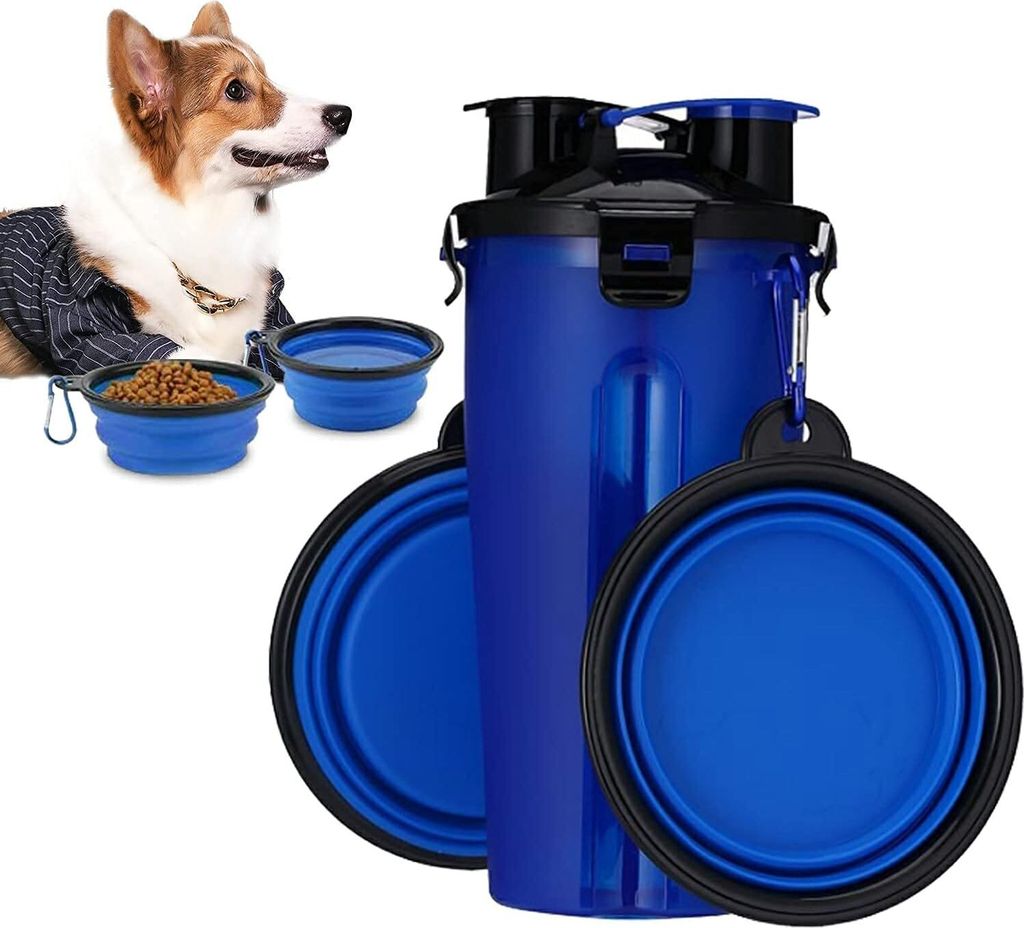 Tragbare Wasserflasche und Futterflasche 2-in-1 Trinkflasche mit 2 Faltschüsseln für Hunde,hundenapf faltbar Wassernapf für Camping, Spaziergang...