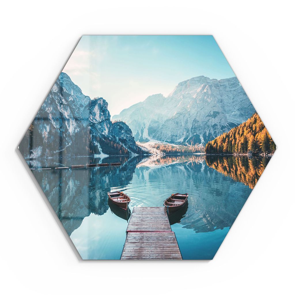 DEQORI Glasbild Echtglas 55x48 cm 'Blick auf Lago di Braies' Wandbild Bild modern Deko