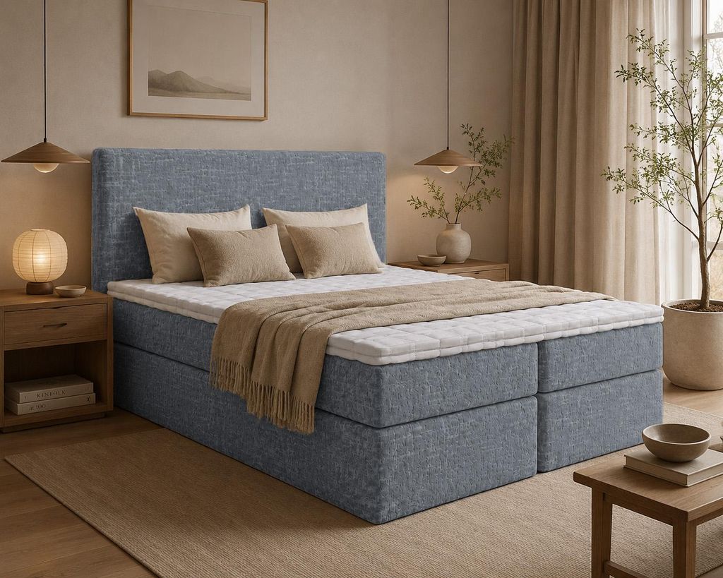 Boxspringbett BOKA Bett aus Chenille-Stoff Doppelbett mit Bonellfederkernmatratze und Bettkasten (180x200, Dunkelgrau - Tocco 07, topper T25)