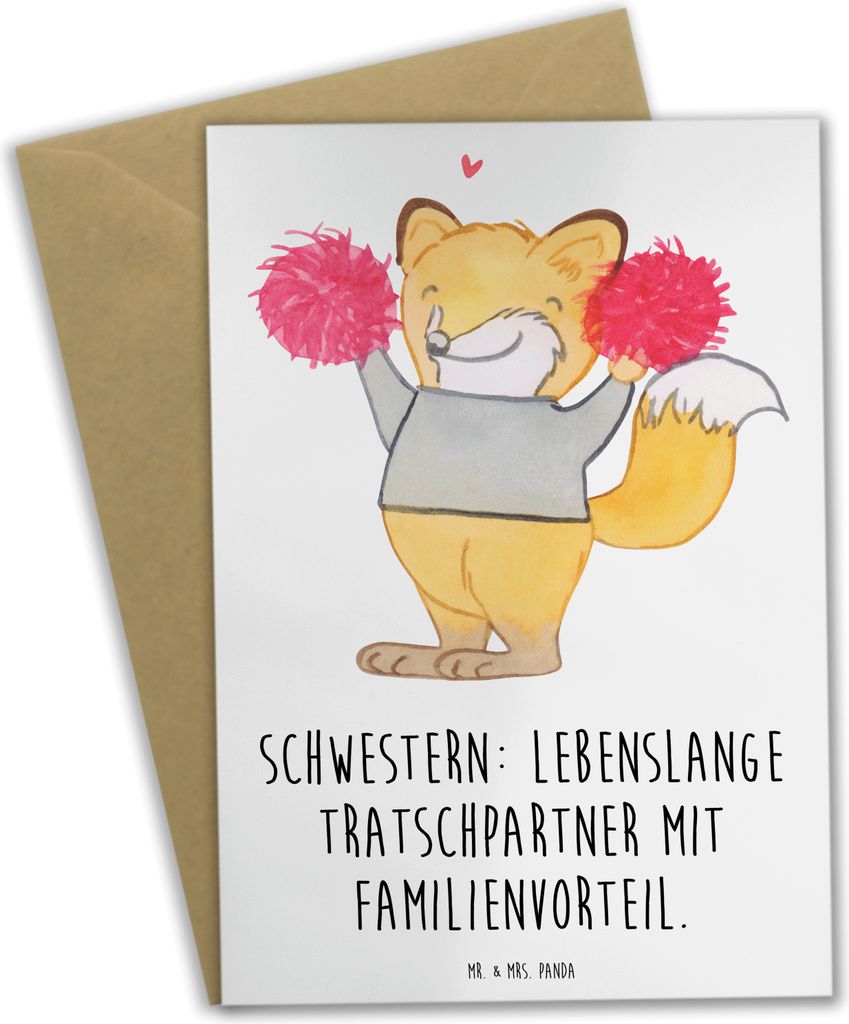 Mr. & Mrs. Panda Grußkarte Schwestern Tratschpartner - Weiß - Geschenk, kommunionskarte, Familiengeschenk, Tratsch, Spaß, Geschwisterliebe, Hand...