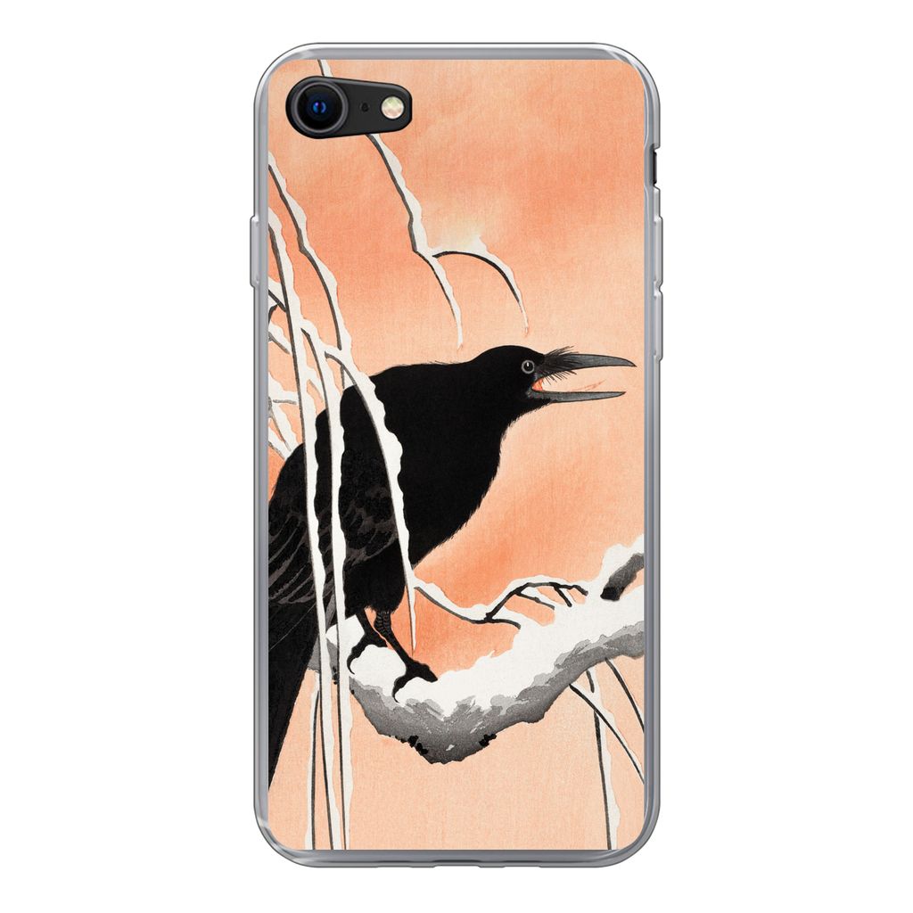 MuchoWow Handyhülle Schutzhülle Hülle für iPhone SE 2022 Krähe - Zweig - Vintage - Japanisch Silikon Softcase Handy Hülle - Schutzhülle
