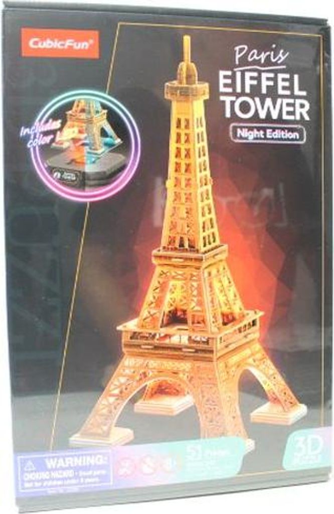 The image shows the packaging of a 3D puzzle of the Eiffel Tower, specifically the "Night Edition".