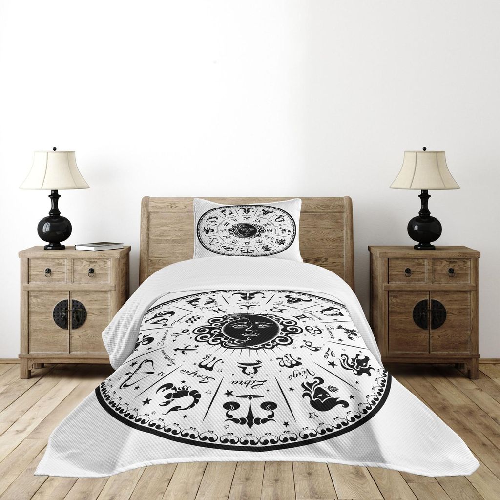 ABAKUHAUS Tierkreis Tagesdecke Set, Minimalistische abgerundete Symbole Mystical Outer Space Auswirkungen auf den Charakter Bild drucken, 170 x 220...