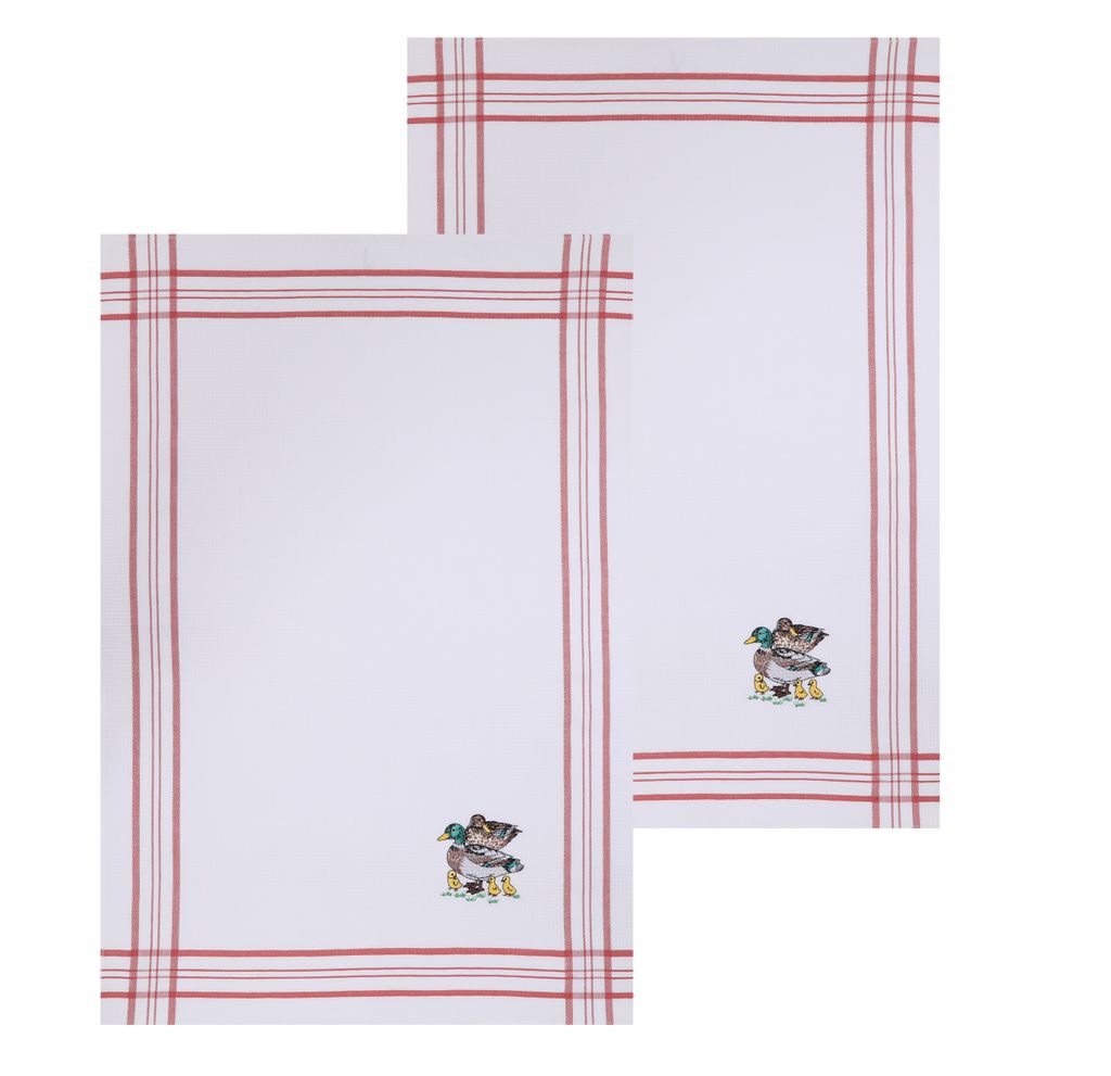 Betz 2 Stück Geschirrtücher Waffelpiqué rot bestickt Motiv Enten Größe 50 x 70 cm- Küchenhandtuch Gläsertücher