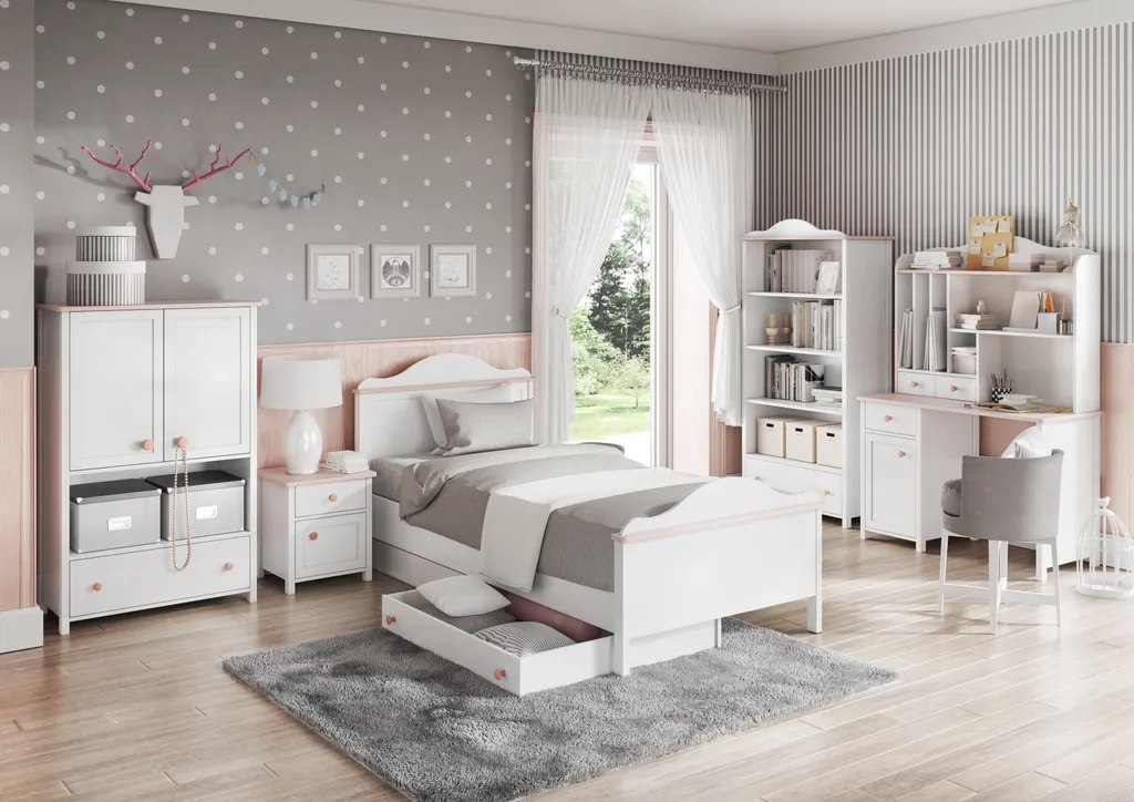 Lit enfant 1 place LUNA avec matelas ergonomique blanc et rose MINIO