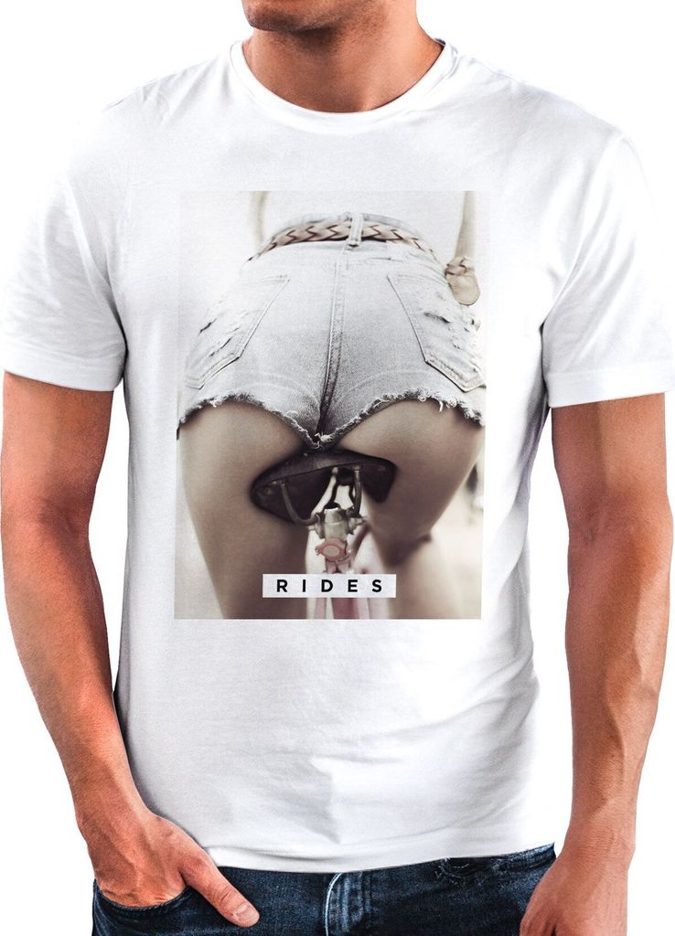 Herren T-Shirt Frauenmotiv Frau Hintern Fahrrad Aufschrift Rides Fashion Streetstyle Neverless weiß S