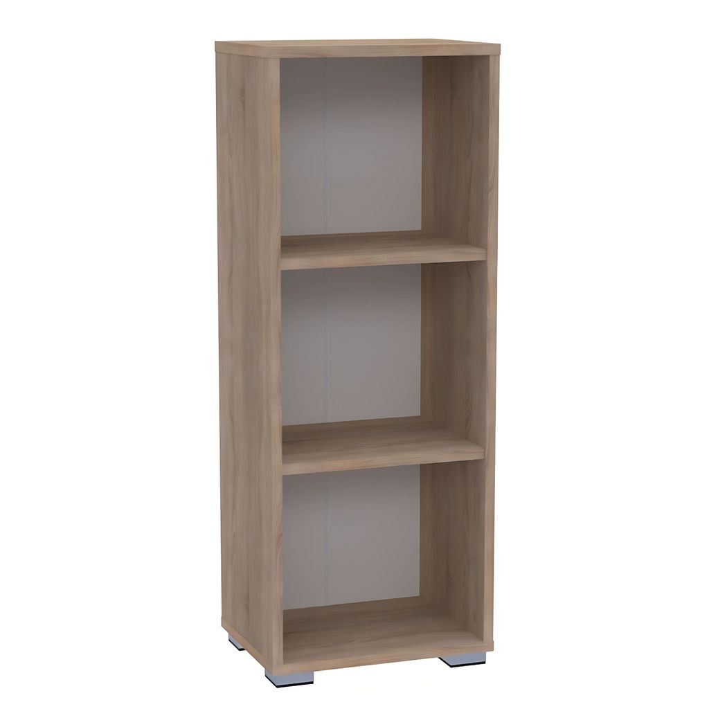 A tall, narrow, three-shelf bookcase with a wood-grain finish and silver feet, shown against a white background.