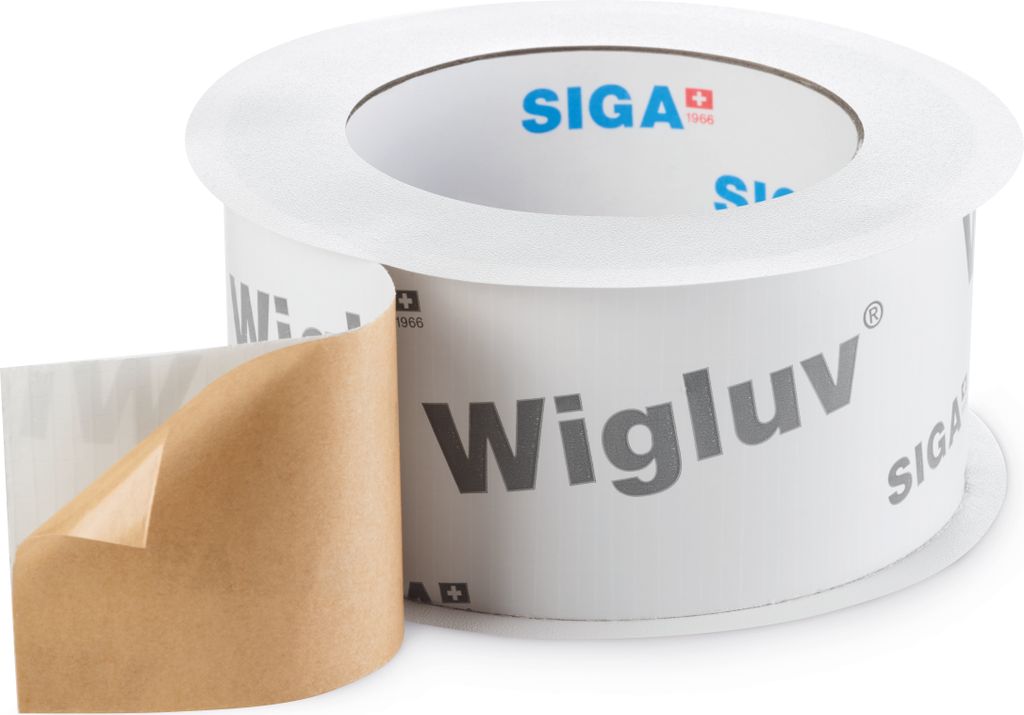 A roll of Siga Wigluv tape with a section peeled back.