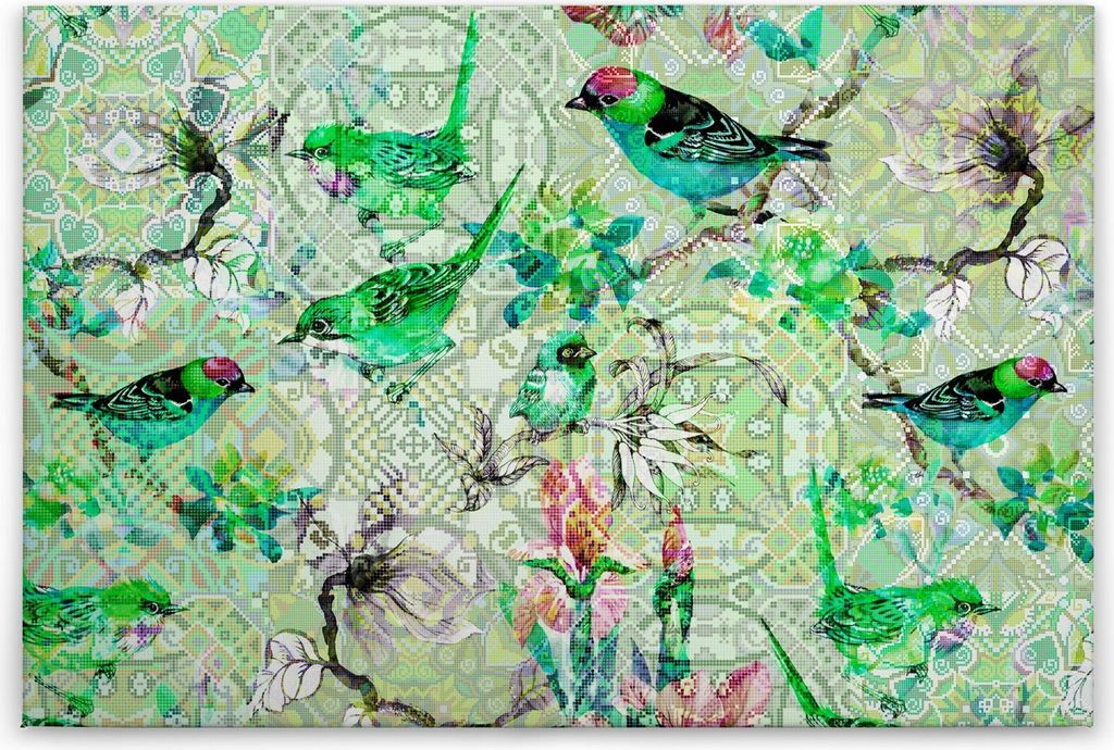 Leinwandbild Vögel 60 x 90 cm - Wandbild Grün Grau - Keilrahmen Tiere Floral Wohnzimmerdeko Wanddeko Wandgemälde