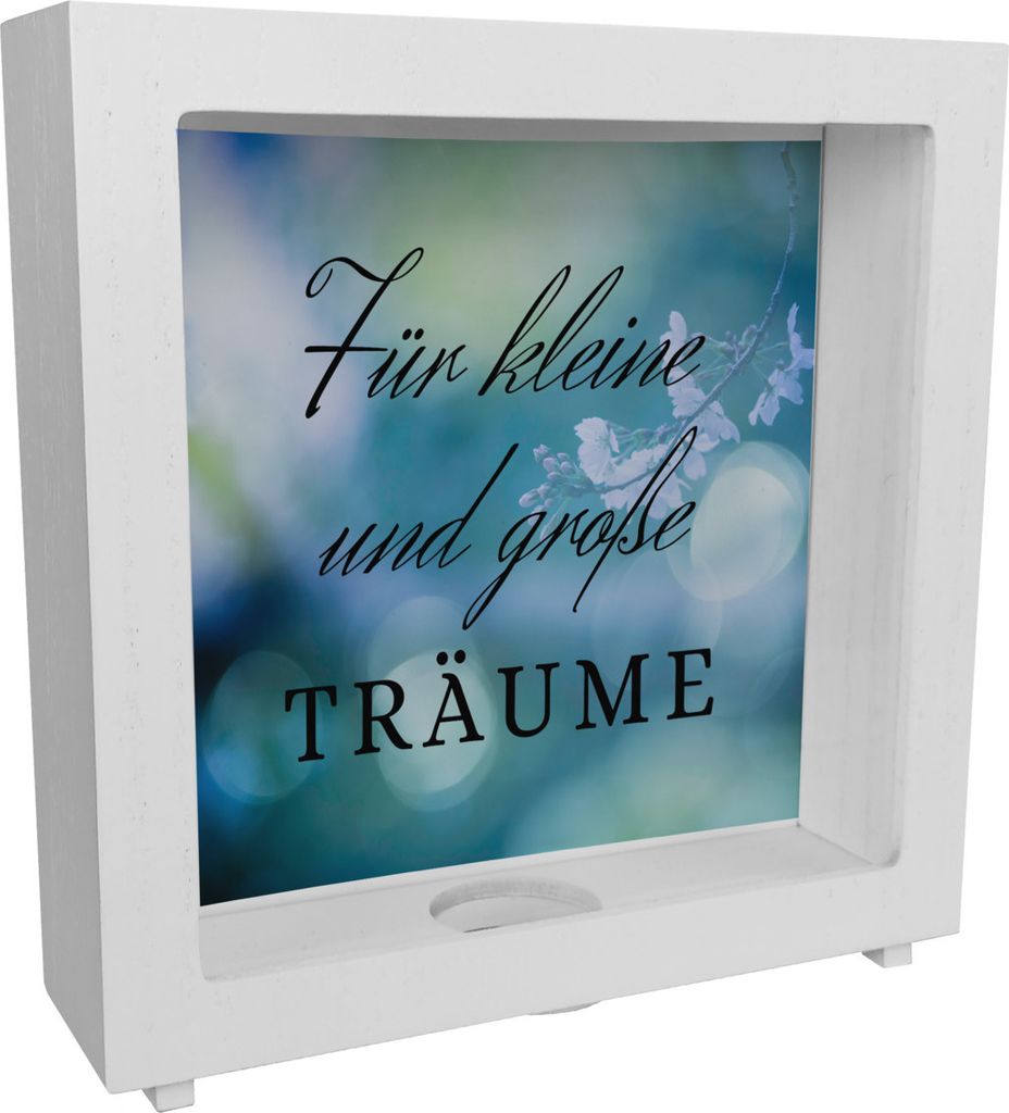Traumerfüller Rahmen Spardose aus Holz mit Spruch Für Produktbild 