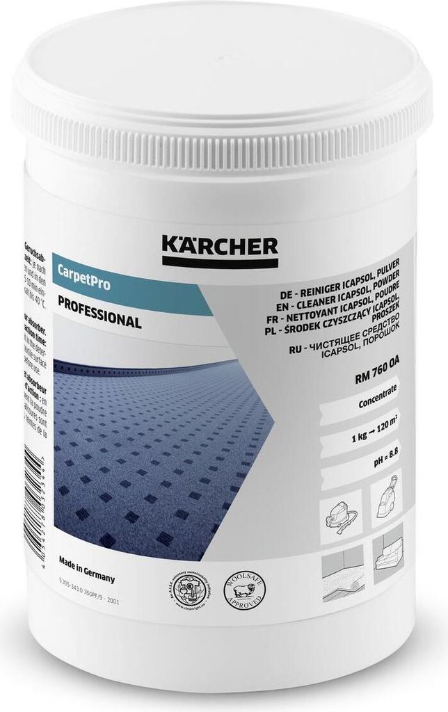 A white plastic container of Kärcher CarpetPro cleaning powder.