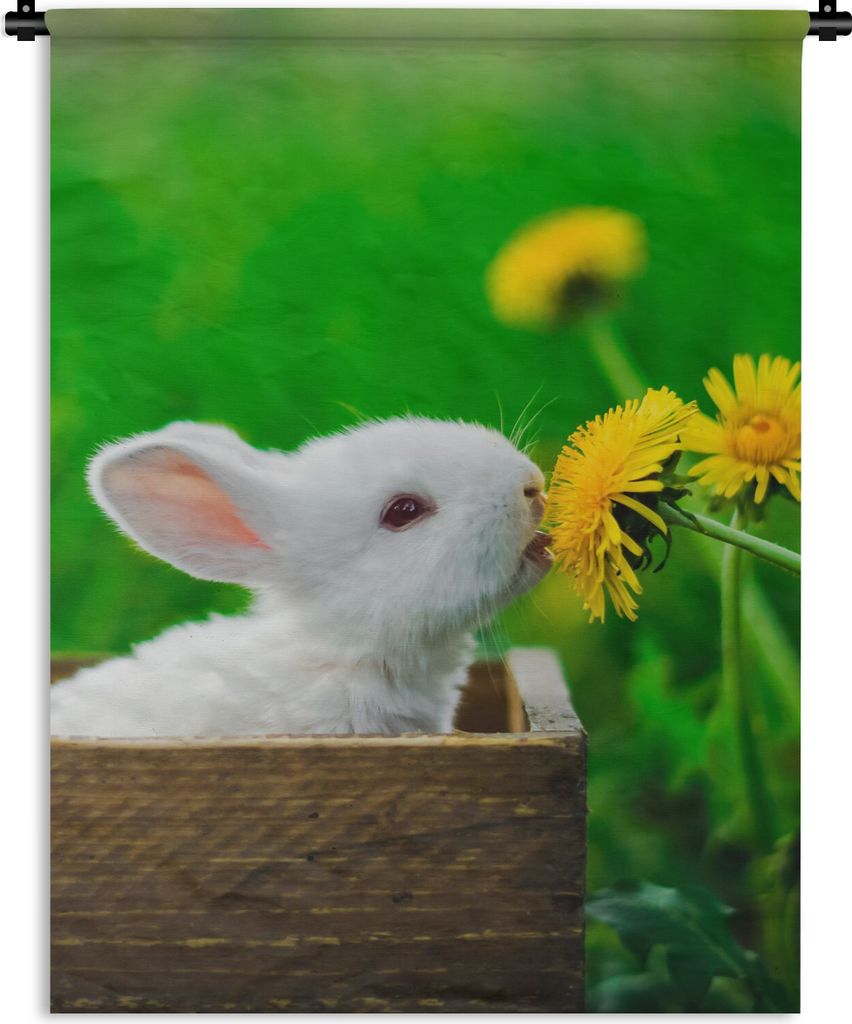 MuchoWow Wandteppich Wandbehang Kaninchen - Löwenzahn - Gras 90x120 cm Tapisserie Dekoration Wandtuch - Wanddeko