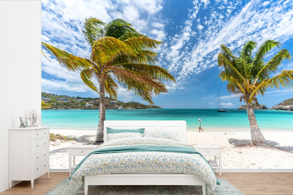 MuchoWow Fototapete für Wohnzimmer oder Schlafzimmer Wandtapete Vinyl Motivtapete Strand - Palmen - Wolken - 525x350 cm - Das Hintergrundbild