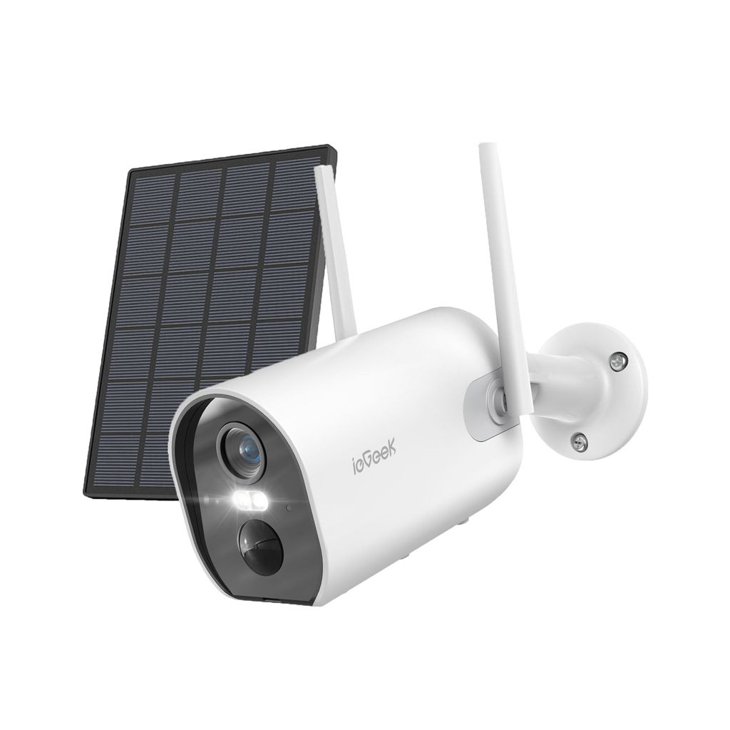 A white security camera with a solar panel attached, shown against a white background.
