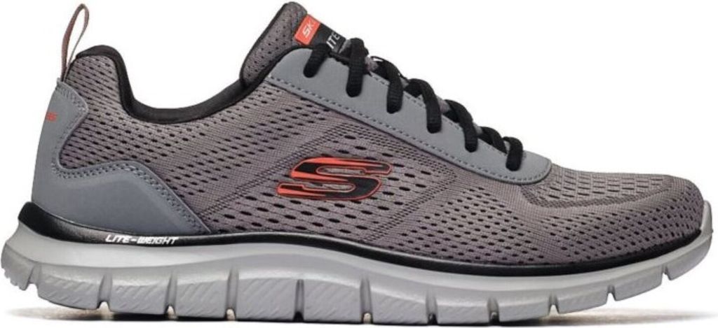 A side view of a gray Skechers sneaker.