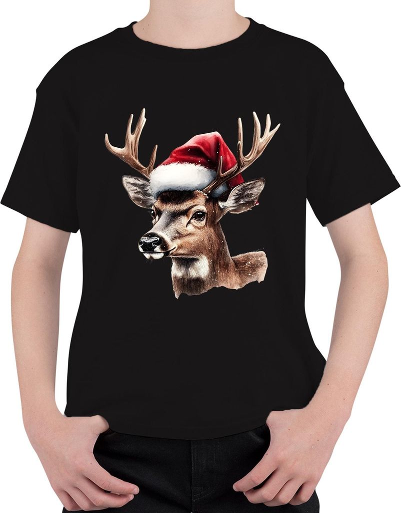 Weihnachtsrentier Hirsch Kopf Aquarell Weihnachtsmann Hut Retro Uni Kinder T-Shirt, Schwarz, 152