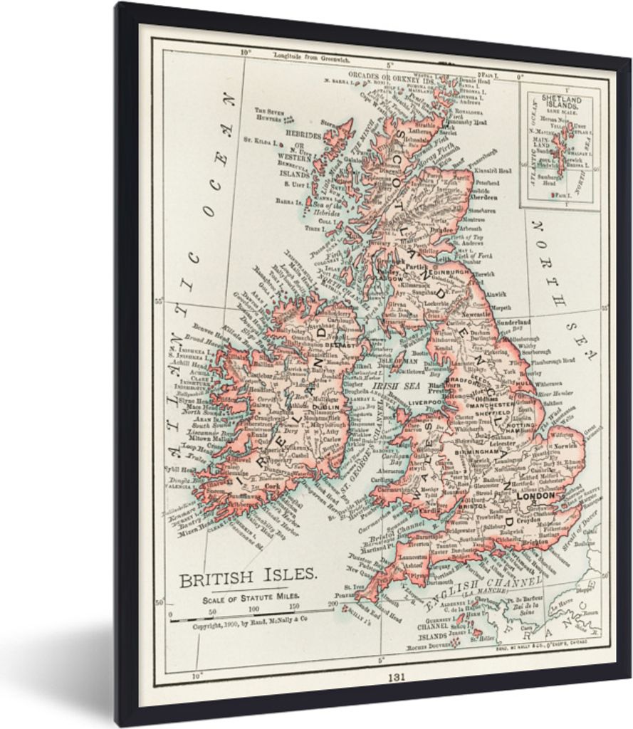 MuchoWow MuchoWow Gerahmtes Poster Karte - Retro - England 30x40 cm - Poster mit zchwarzem Bilderrahmen - Wanddeko - Kunstdrucke