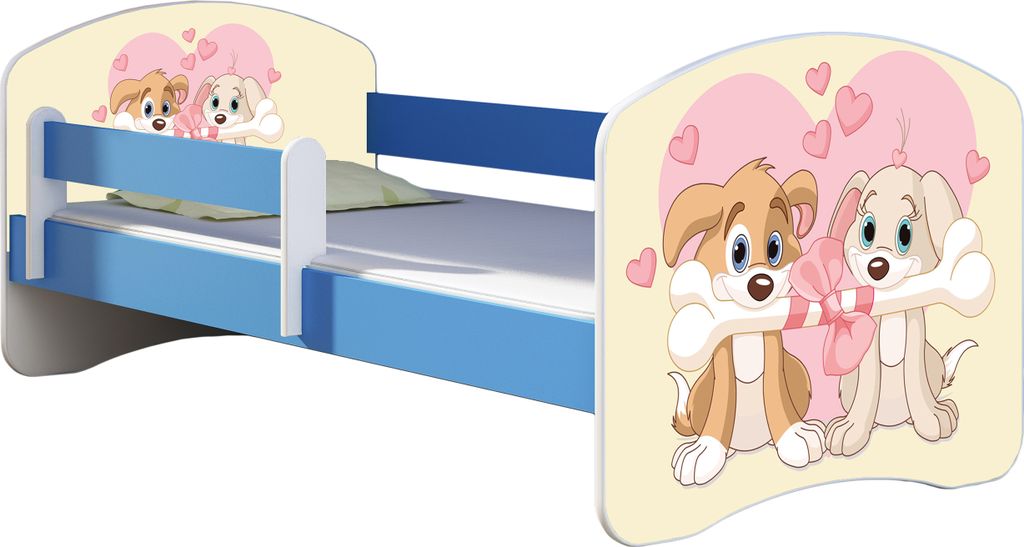 ACMA Jugendbett Kinderbett Junior-Bett Komplett-Set mit Matratze Lattenrost und Rausfallschutz Blau 12 Welpen 140x70