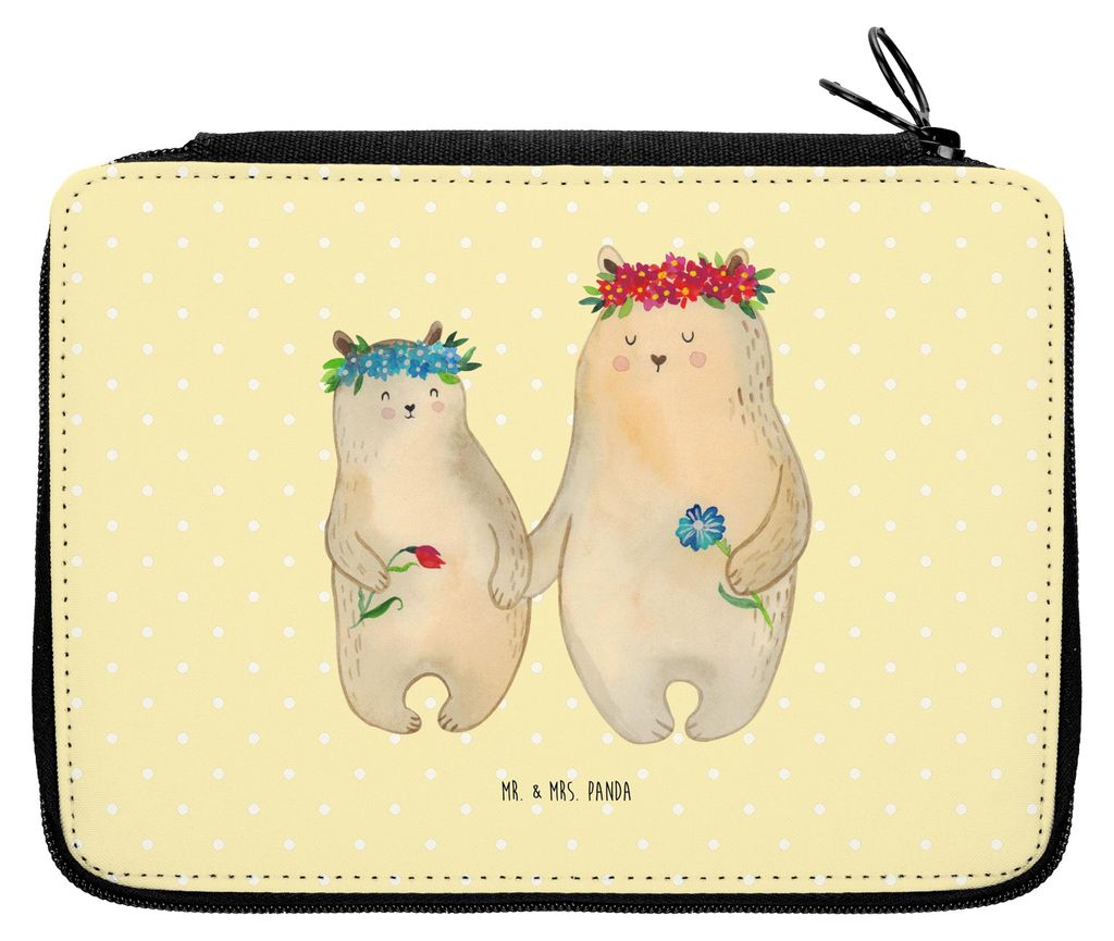 Mr. & Mrs. Panda Etui Bären mit Blumenkranz - Gelb Pastell - Geschenk, Mäppchen, Federmäppchen, Bär, Federmappe, Muttertag, Bleistiftetui, Vorb...