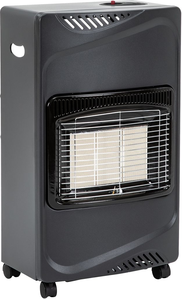 A black gas heater with a silver grate and heating elements is shown against a white background.
