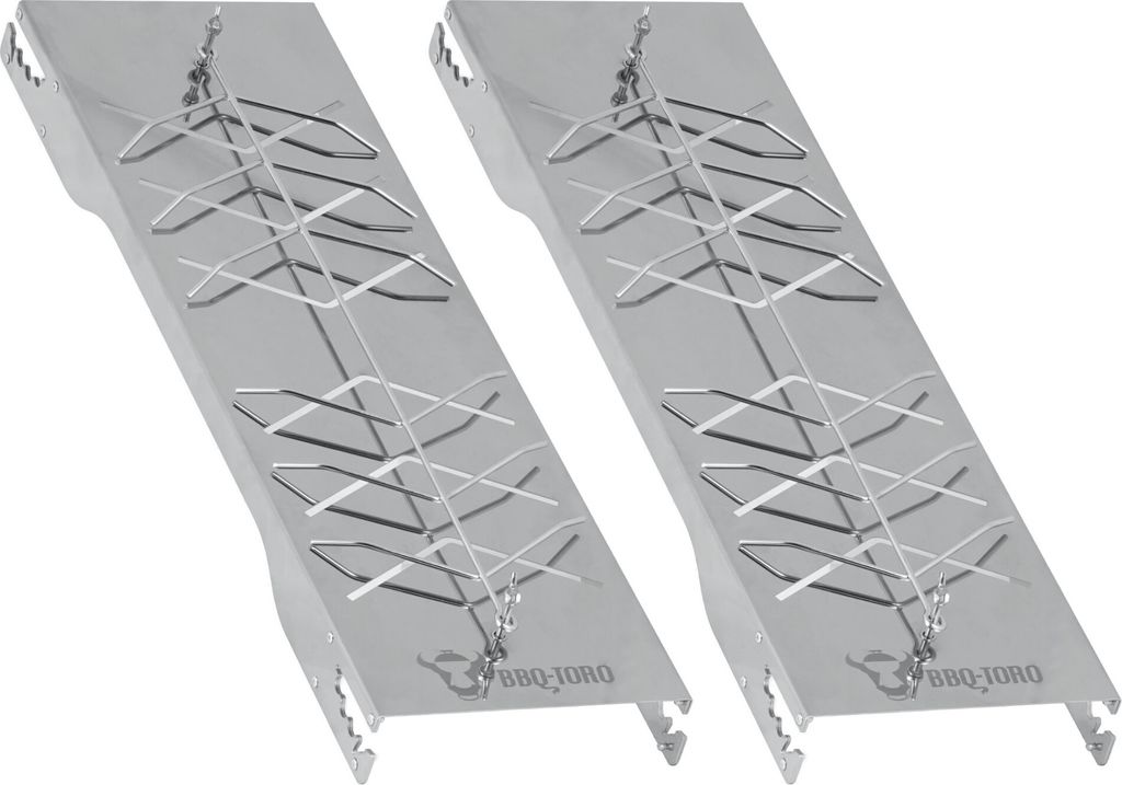 Two stainless steel fish grilling racks are shown against a white background.