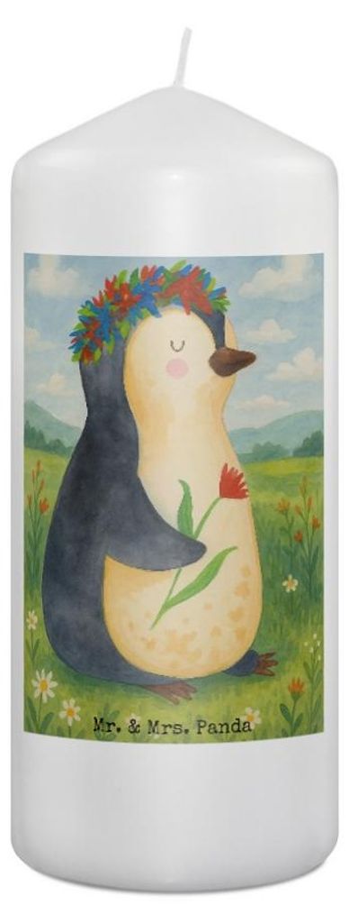 Mr. & Mrs. Panda Kerze Pinguin Blumen Design 19 x 8 cm - Weiß - Geschenk, Wachskerze, Blumenliebe, Erinnerungslicht, Ziele, Universum, Bedruckte, ...