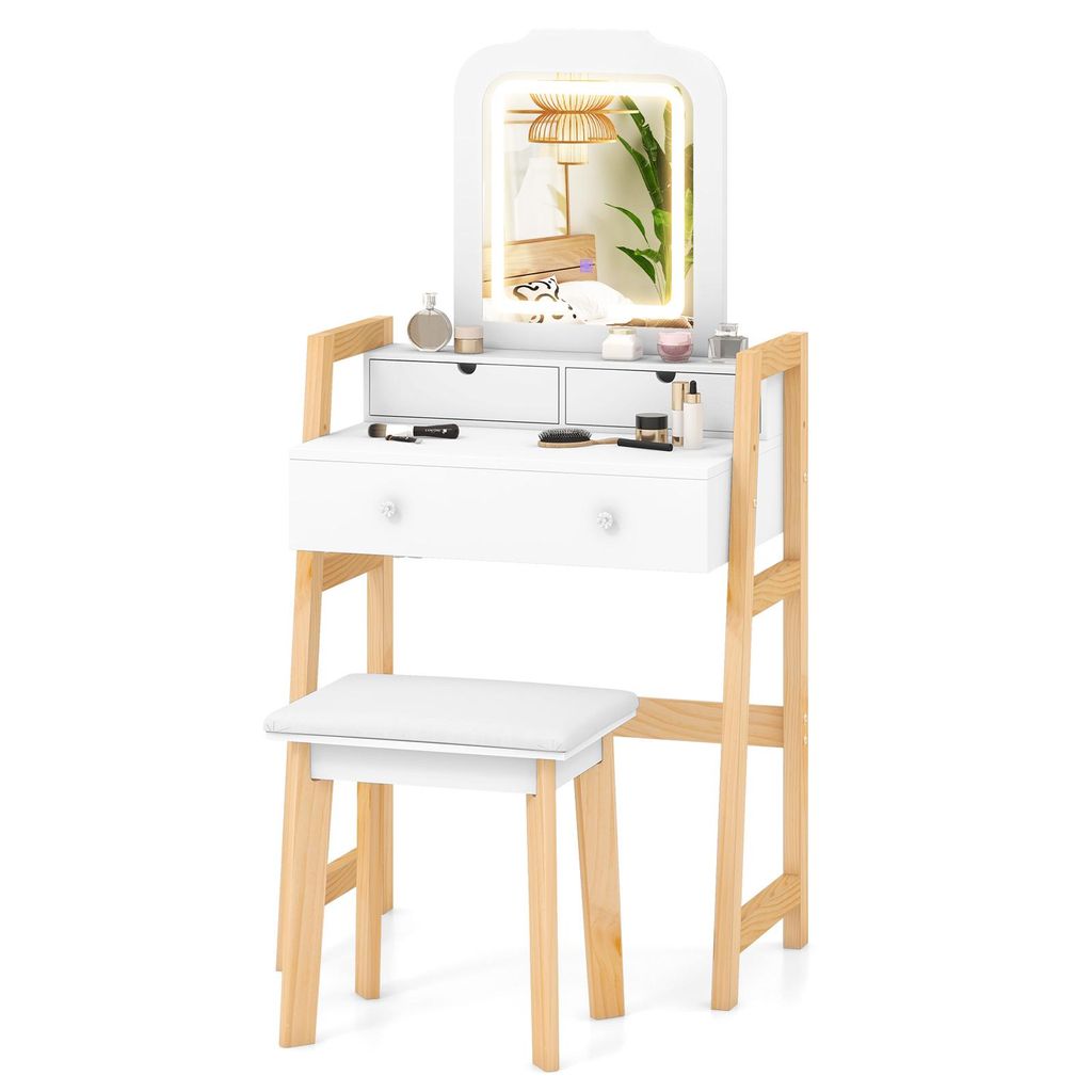 COSTWAY Schminktisch mit gepolstertem Hocker, Frisiertisch Set mit Kiefernbeinen, Make-up Tisch mit 3 Schubladen, Frisierkommode weiß, Kosmetiktis...