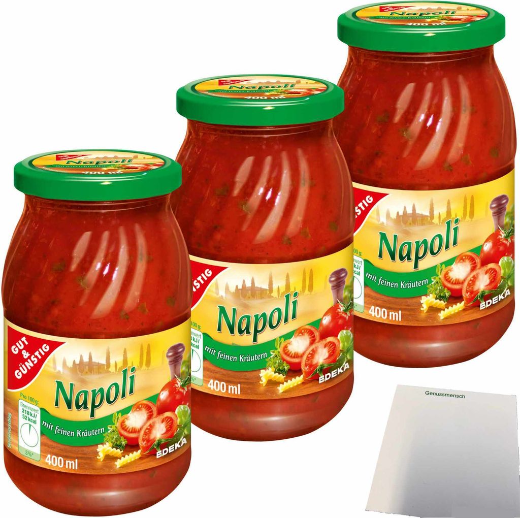 Gut & Günstig Nudelsauce Napoli mit feinen Kräutern abgeschmeckt 3er Pack (3x400ml) + usy Block