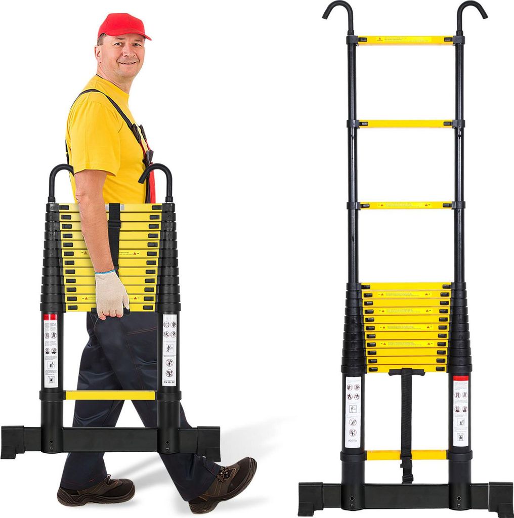 Faziango Premium Alu Teleskopleiter Ausziehleiter Klappleiter Höhe 4,4M schwarz Antirutsch Mehrzweckleiter mit Stabilisator und Abnehmbaren Haken