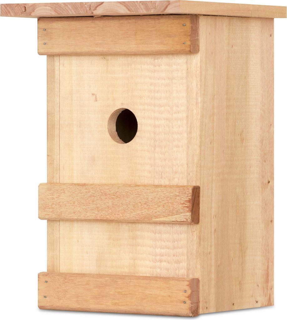 Nistkasten, Nisthilfe, Vogelhaus u.a. für Blau-, Hauben- und Tannenmeisen, aus Massivholz, bietet Schutz vor Sturm und Räubern